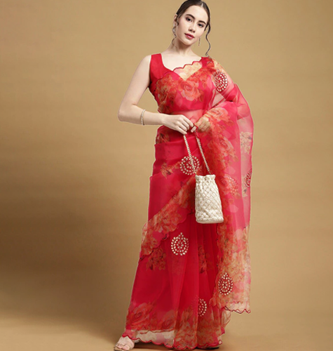 Pink & Beige Floral Embroidered Organza Saree